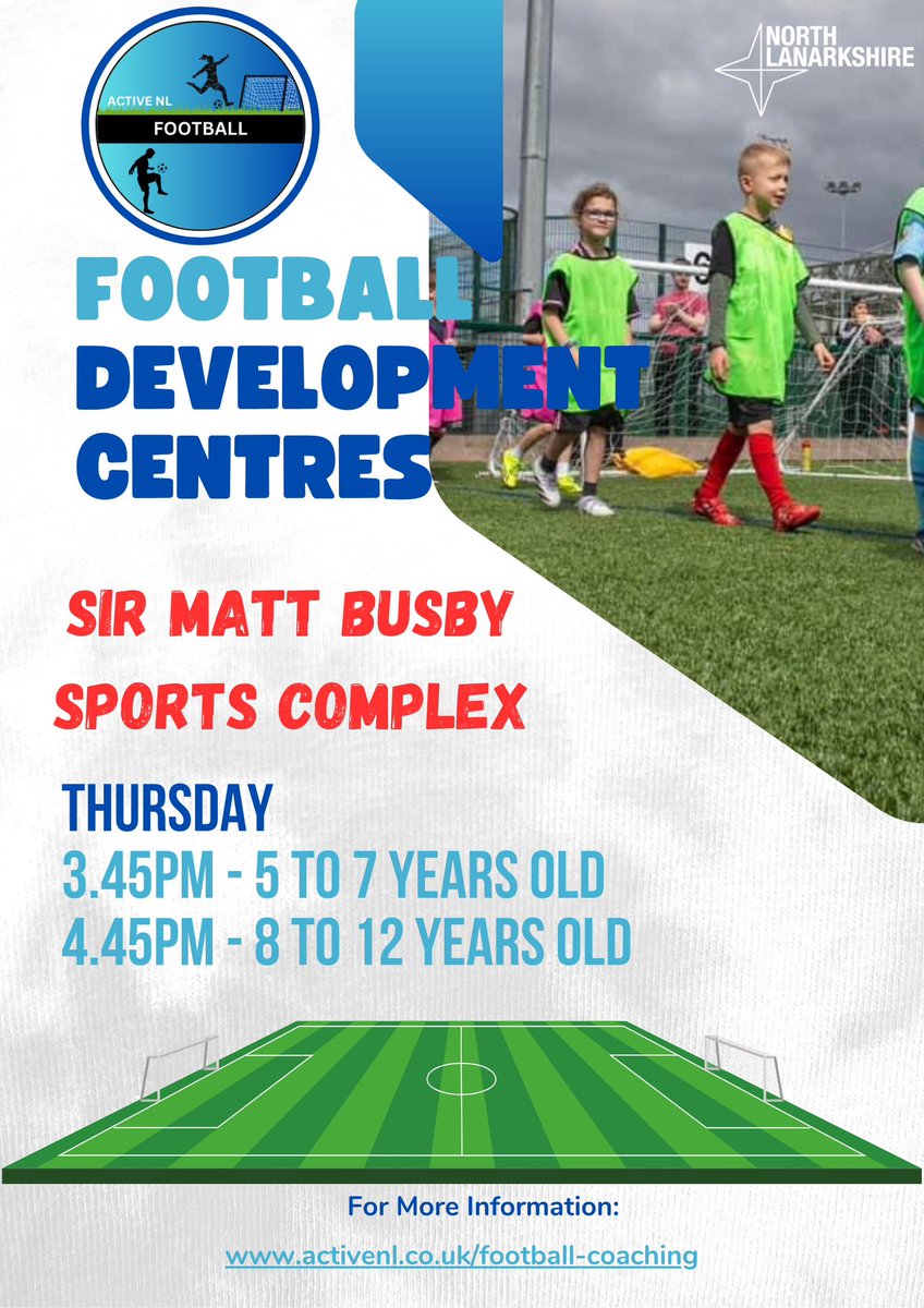 ActiveNLFootballDev (@activenlfball) on Twitter photo New football development sessions starting at Sir Matt Busby Sports Complex
๐Starts Thurs 8th May
๐3.45pm - 4.45pm for 5 to 7 years old & 4.45 - 5.45pm for 8 to 12 years old
โฝ Indoor Main Hall
Book Now - activenl.co.uk/football-coachโฆ
For more info: ๐งfootball@northlan.gov.uk New football development sessions starting at Sir Matt Busby Sports Complex
๐Starts Thurs 8th May
๐3.45pm - 4.45pm for 5 to 7 years old & 4.45 - 5.45pm for 8 to 12 years old
โฝ Indoor Main Hall
Book Now - activenl.co.uk/football-coachโฆ
For more info: ๐งfootball@northlan.gov.uk