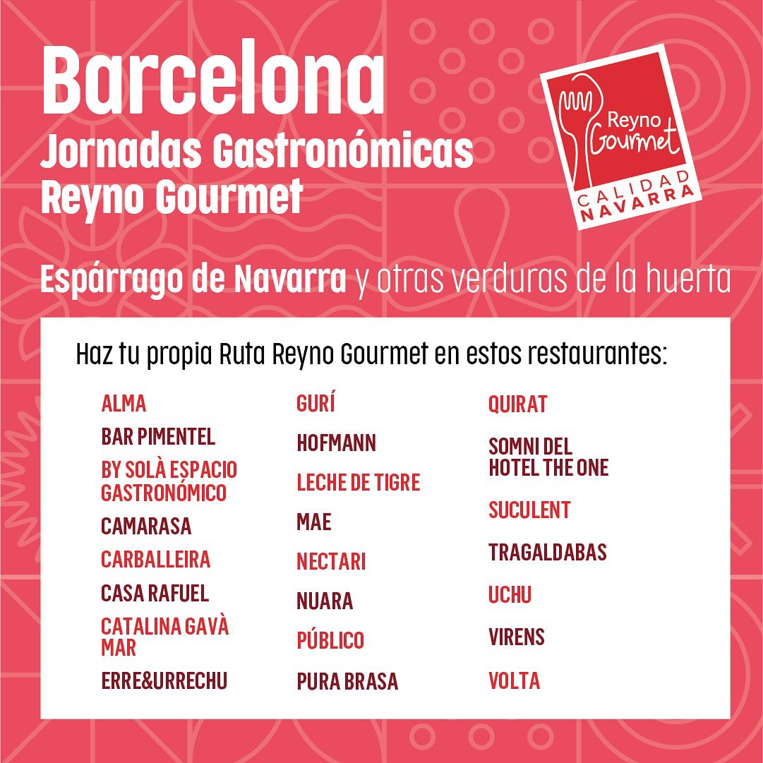 carlesalmagro's tweet image. Más de una veintena de restaurantes de #Barcelona acogen la ‘Ruta del Espárrago de Navarra’ de @Reyno_Gourmet hasta el próximo 29 de mayo…

Más in carlesalmagro.es/esparrago-nava…