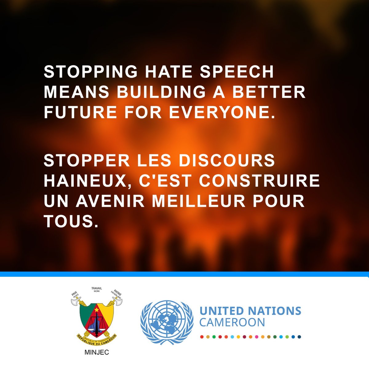 📌 Moins de haine aujourd'hui, plus d'espoir demain. Engageons-nous pour des paroles qui rassemblent !

#CampagneCivique2025 #UnClicCitoyen #StopHaineEnLigne #AgirPourLeCameroun #ÉducationCivique #PaixEtVivreEnsemble #OneUN #MINJEC #JeunesseEngagée <a href="/UN/">United Nations</a>