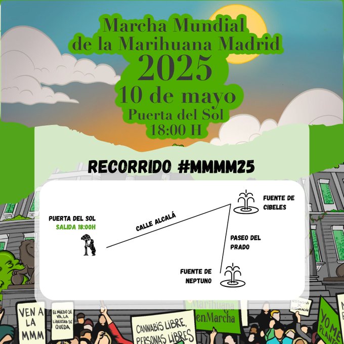 🗓️🌿Este 10 de mayo, la calle se planta en Madrid
🛤️ RECORRIDO VERDE:
🔰 Salida: Puerta del Sol
➡️ Calle de Alcalá
➡️ Fuente de Cibeles
➡️ Paseo del Prado
🏁 Llegada: Fuente de Neptuno
👉 <a href="/MarihuanaMarcha/">#MarihuanaenMarcha</a>