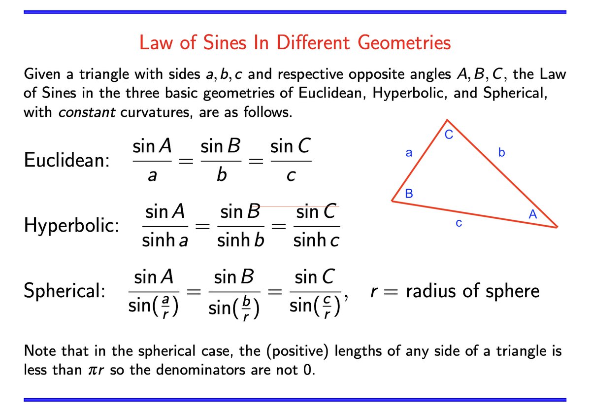 SamuelGWalters's tweet image. The Law of Sines in the three basic geometries of Euclidean, hyperbolic, and elliptic - with constant curvature! Angles are measured in the same way in all three (in radians). #math #geometry #trigonometry