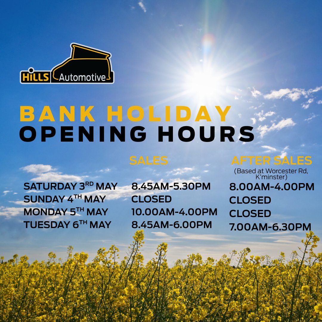 Wishing all our customer a wonderful Bank Holiday weekend! ☀️ If you have any questions, please call us on 
📞 01562 777 077 or browse online at hillsautomotive.co.uk ✨

Enjoy the long weekend! 👍

#OpeningHours  #MustowGreen #Kidderminster #BankHolidayWeekend