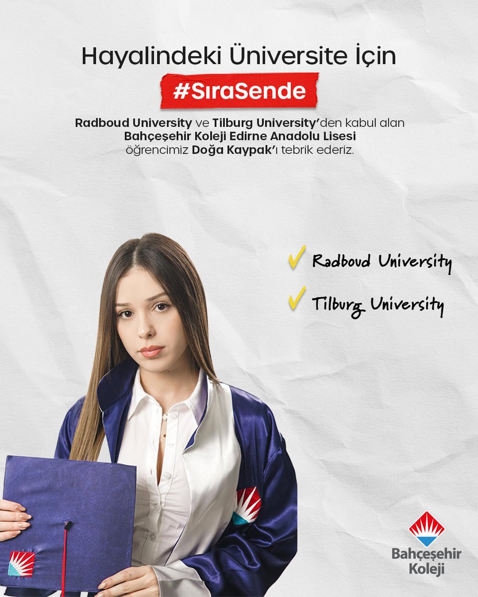 Gururluyuz! 🤩❤️💙

Radboud University ve Tilburg University'den kabul alan öğrencimiz Doğa Kaypak'ı tebrik ederiz. 👏🏼🎉

Hayalindeki Üniversite İçin #SıraSende
#BahçeşehirKoleji