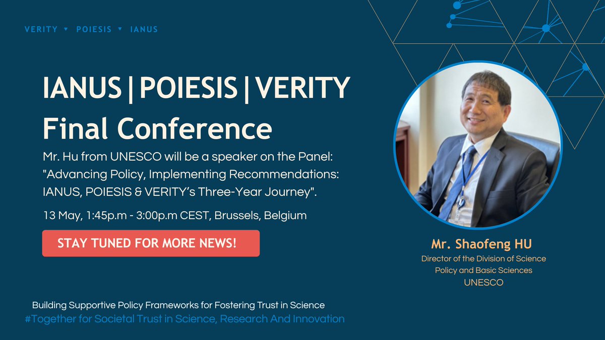 POIESIS project (@poiesis_project) on Twitter photo 🚀Exciting update!
We're honored to welcome Mr.Shaofeng Hu, <a href="/UNESCO/">UNESCO 🏛️ #Education #Sciences #Culture 🇺🇳</a>
Director of Science Policy & Basic Sciences, for session "Advancing Policy, Implementing Recommendations: IANUS, POIESIS, & VERITY’s Three-Year Journey"
📅May 13th, Brussels
👉See more linkedin.com/feed/update/ur… 🚀Exciting update!
We're honored to welcome Mr.Shaofeng Hu, <a href="/UNESCO/">UNESCO 🏛️ #Education #Sciences #Culture 🇺🇳</a>
Director of Science Policy & Basic Sciences, for session "Advancing Policy, Implementing Recommendations: IANUS, POIESIS, & VERITY’s Three-Year Journey"
📅May 13th, Brussels
👉See more linkedin.com/feed/update/ur…