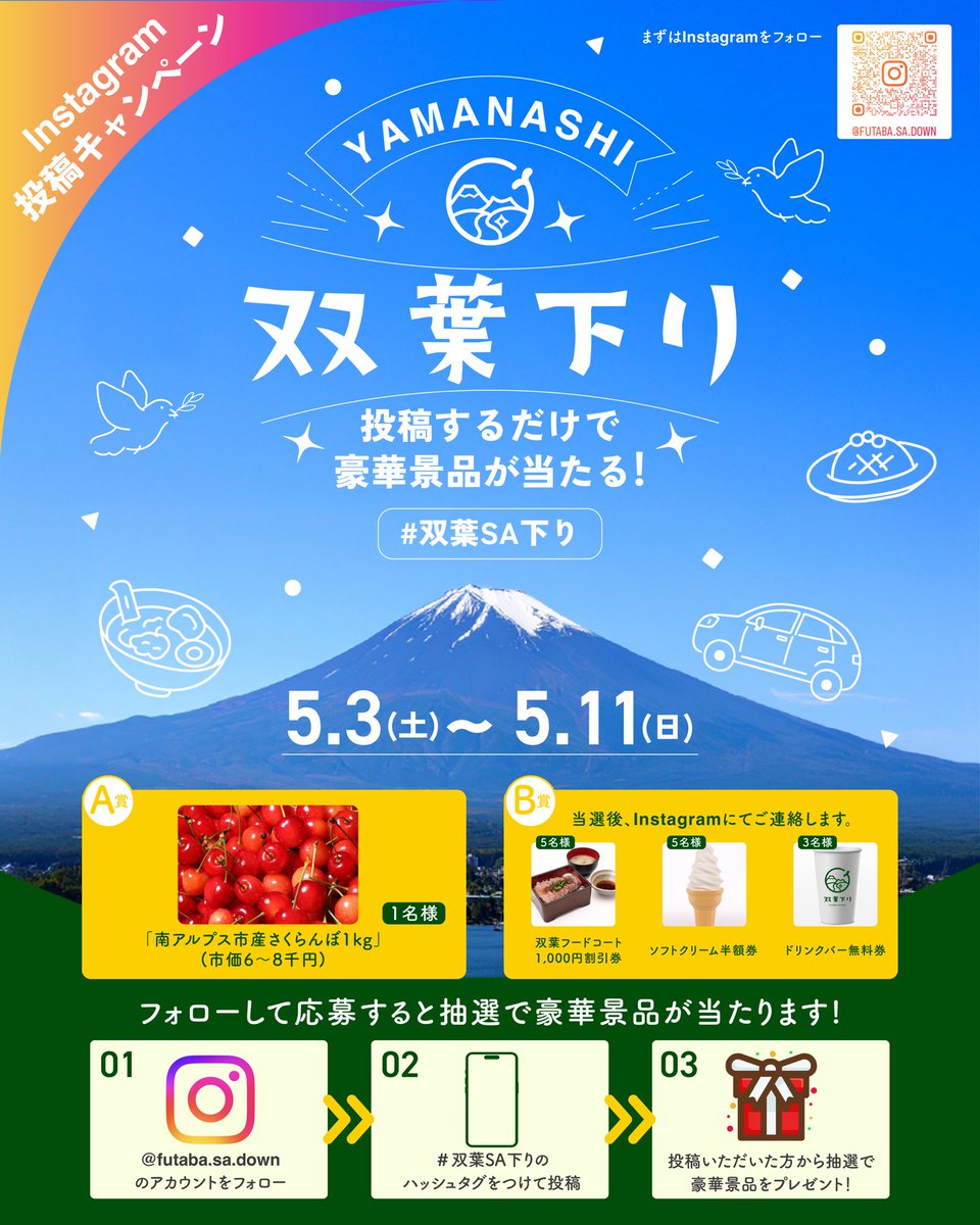 futaba_sa's tweet photo. 🌸【双葉SA第1期リニューアルInstagramキャンペーン】🌸

南アルプス産さくらんぼ🍒など豪華賞品が当たる❣️
📷 #双葉SA下り をつけて写真投稿するだけ！
✅応募方法
① https://t.co/hrwqh9ZlZy.down をフォロー
② #双葉SA下り をつけて写真投稿
※非公開アカウントは対象外です https://t.co/cHelnOjZZO