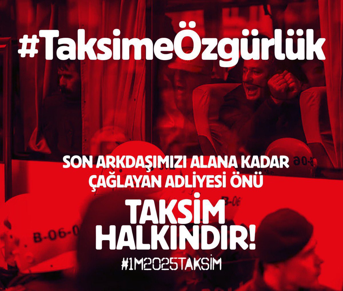 "1 Mayıs Taksim'dir, Taksim halkındır" diyen tüm dostlarımızı adliyeye sevk edilen arkadaşlarımıza sahip çıkmak ve son arkadaşımızı alana kadar yanlarında olmak için, bugün tüm ifadeler ve işlemler bitinceye dek Çağlayan Adliyesi önünde beklemeye davet ediyoruz. 

Adliye önünde