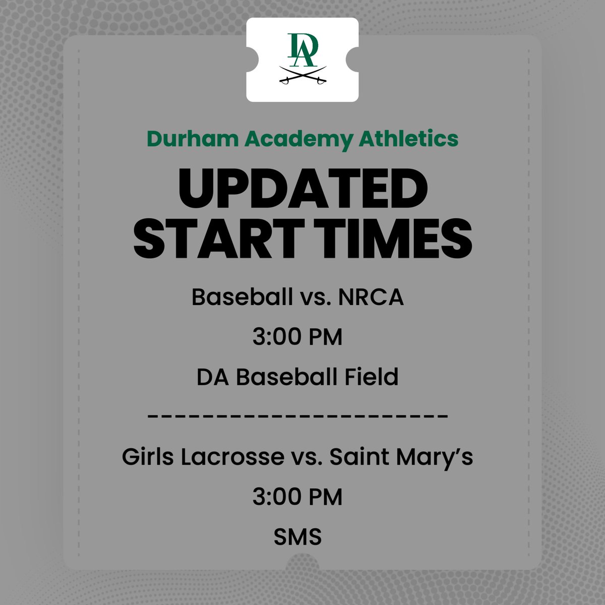 UPDATED START TIMES!

Baseball vs. NRCA
⏰ 3:00 PM
📍DA Baseball

Girls Lacrosse vs. Saint Mary’s
⏰ 3:00 PM
📍SMS

#GoCavs