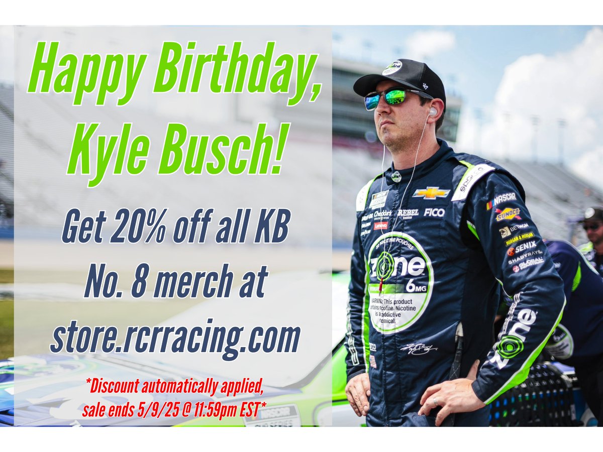 Celebrate Kyle Busch's birthday with 20% off all No. 8 merch! Check the link below to shop &amp; save on the KB collection now!

Shop: store.rcrracing.com

<a href="/RCRracing/">RCR</a>