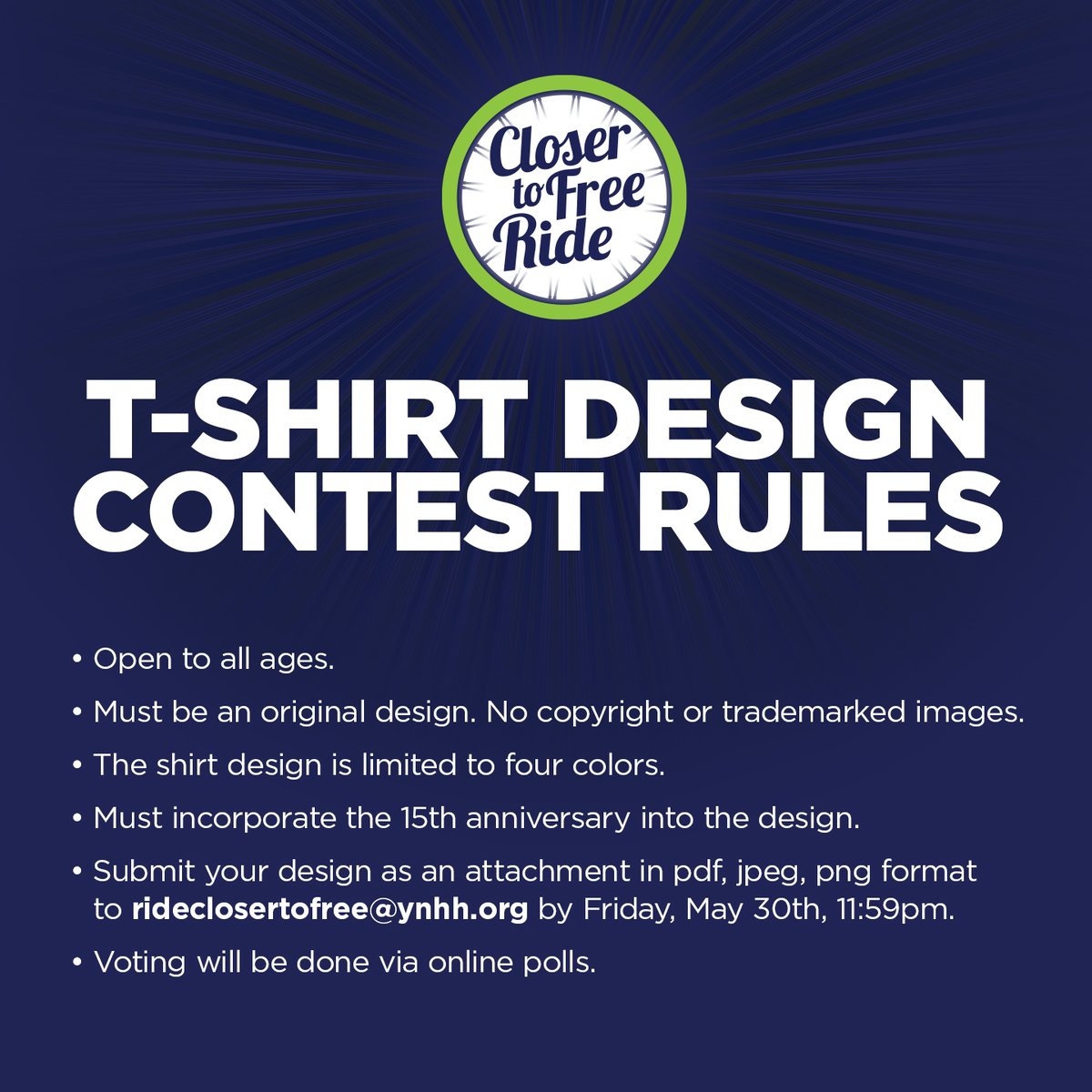 15th Anniversary T-shirt Contest!
Do you have a budding artist in your household? We’re looking for designs for our 15th anniversary t-shirt, which will be available for sale in August and onsite at the Ride.