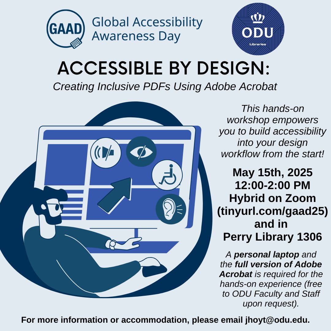 Join us in recognizing Global Accessibility Awareness Day (GAAD) on May 15 from 12-2pm for the workshop: Accessible by Design! Attend in person in Perry Library room 1306 (Lunch provided for all in-person attendees!) or online via Zoom💙♿️💻

Zoom link: tinyurl.com/gaad25