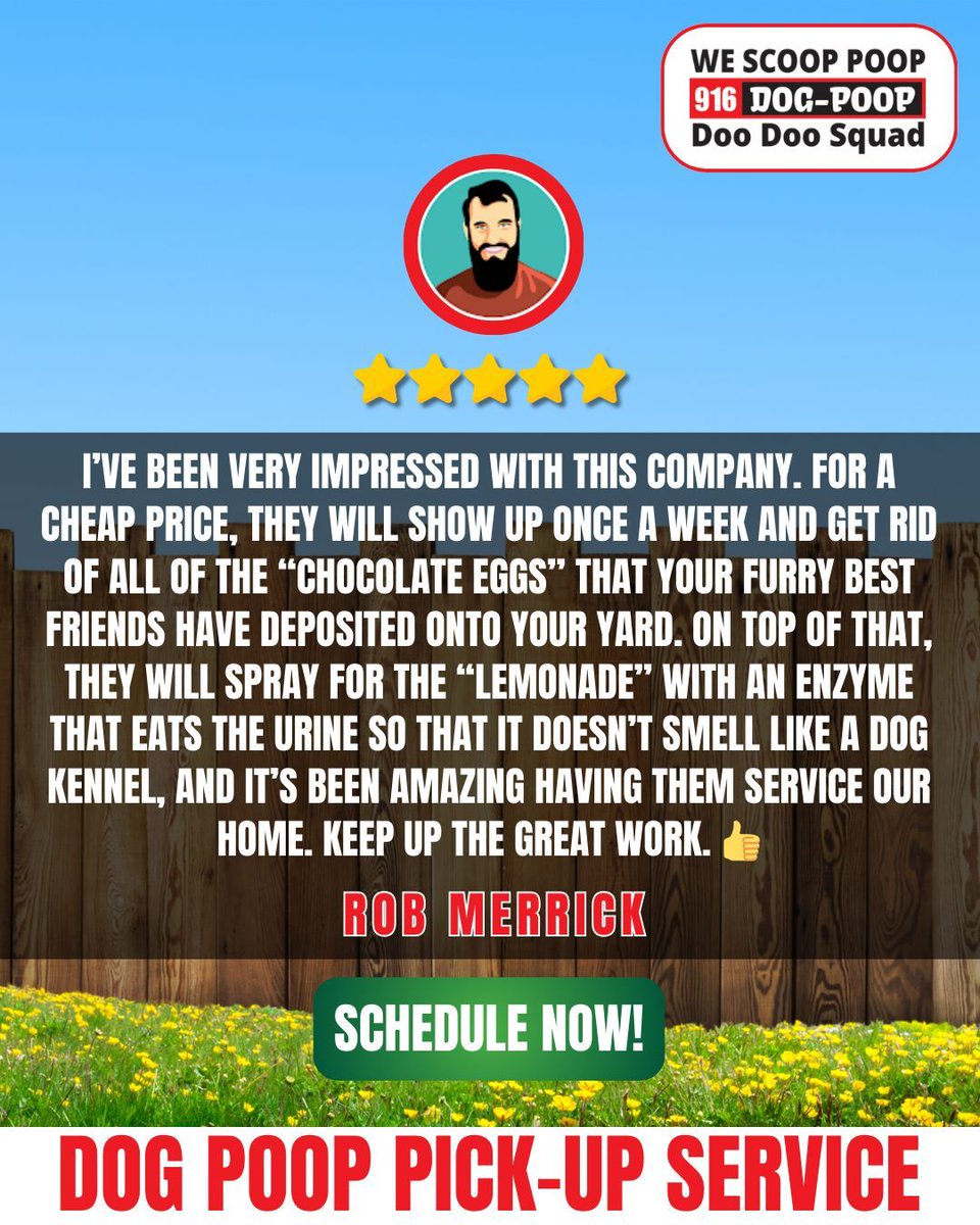 DooDooSquads's tweet photo. Say goodbye to 'chocolate eggs' and 'lemonade' in Sacramento! 🤩 Rob is loving our affordable weekly service that keeps his yard clean and fresh!

https://t.co/ZWWnJMLUrD 

#dogpoopcleanup #sacramento #california #cleanlawn #doodoosquad https://t.co/FvjQARPfUC