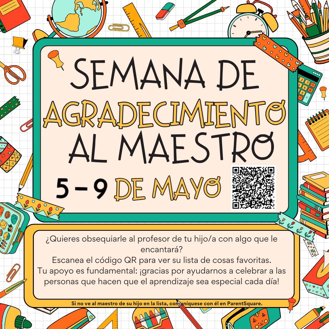 Teacher Appreciation Week is almost here! 
Join us next week as we celebrate our amazing teachers.
Want to know what your child's teacher loves?  Scan the QR code or click the link below to check out their favorites. 
docs.google.com/spreadsheets/d…