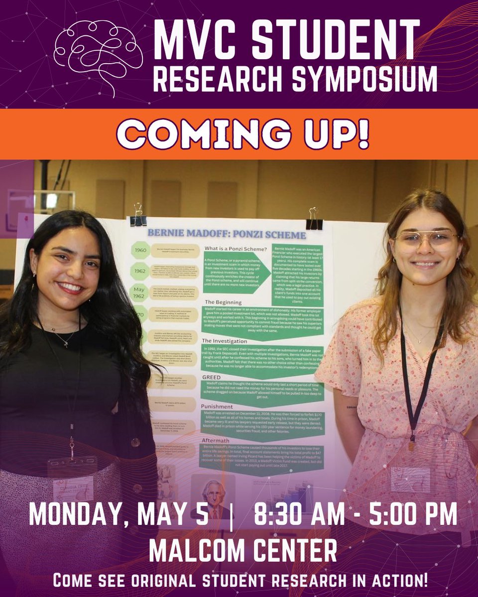 🎓 Reminder! Don’t miss the MVC Student Research Symposium
📅 May 5 | 🕣 8:30 AM – 4:00 PM
📍 Join us in celebrating our students’ academic, professional, and creative achievements!

✨ Awards Reception: 4:00 – 5:00 PM

#StudentResearch #AcademicExcellence #UndergraduateResearch