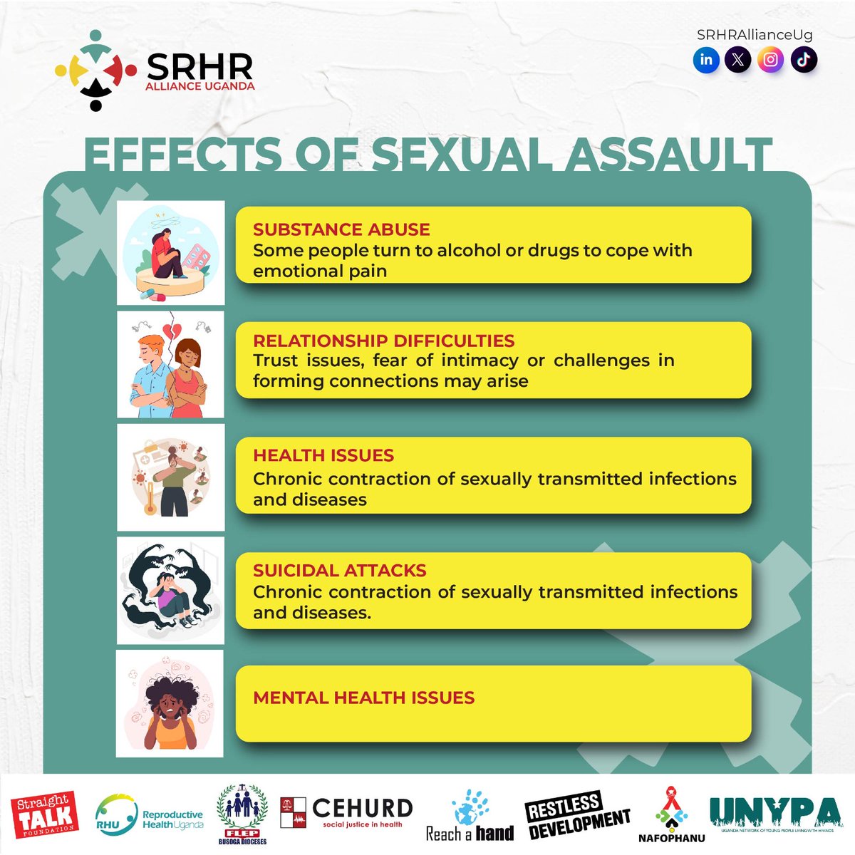 Sexual assault leaves a deep impact on survivors, with effects that can manifest in both the short term and long term.
Over time, the effects of sexual assault can persist and lead to overall disorientation of living.
Let's continue to speak up and act against sexual assault for