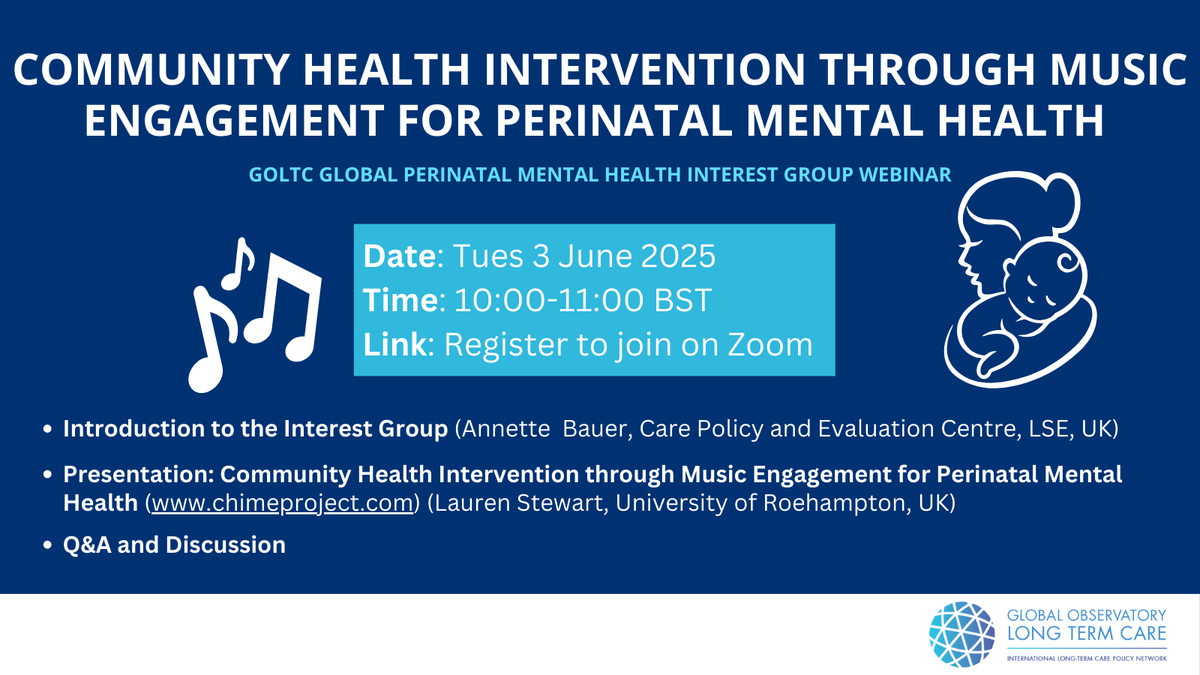 Global Observatory of Long-Term Care (@globalobltc) on Twitter photo HAPPENING ON TUES 3 JUNE: Community Health Intervention through Music Engagement for #PerinatalMentalHealth 🎶
Join us for an exciting webinar featuring <a href="/a_annettemaria/">Annette Bauer</a> + <a href="/nerualtrawets/">Lauren Stewart</a> (<a href="/RoehamptonUni/">Uni of Roehampton</a>) to find out about <a href="/CHIMEforPMH/">CHIMEproject</a> 🗨️
REGISTER:👉 lse.zoom.us/meeting/regist… HAPPENING ON TUES 3 JUNE: Community Health Intervention through Music Engagement for #PerinatalMentalHealth 🎶
Join us for an exciting webinar featuring <a href="/a_annettemaria/">Annette Bauer</a> + <a href="/nerualtrawets/">Lauren Stewart</a> (<a href="/RoehamptonUni/">Uni of Roehampton</a>) to find out about <a href="/CHIMEforPMH/">CHIMEproject</a> 🗨️
REGISTER:👉 lse.zoom.us/meeting/regist…