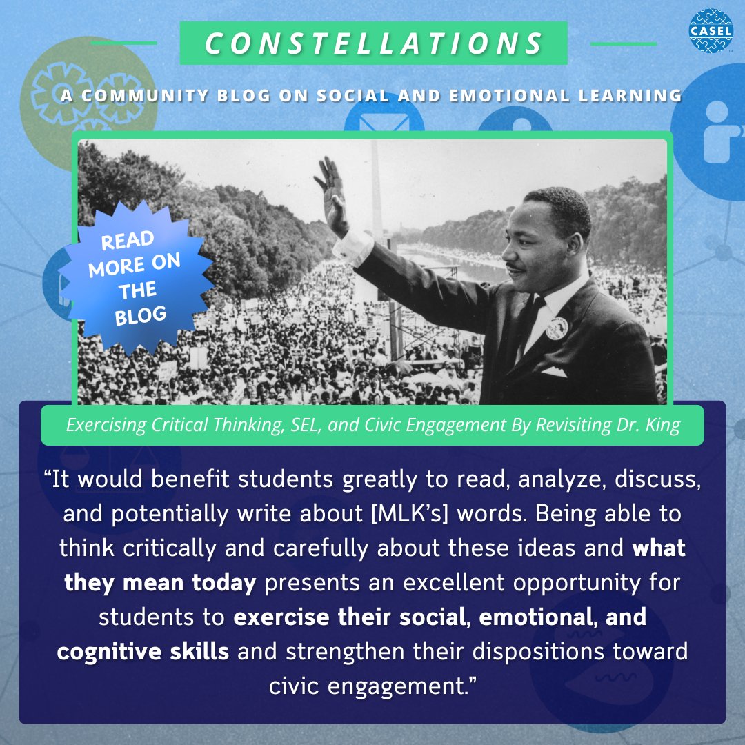 caselorg's tweet image. SEL leader Maurice Elias found inspiration in Dr. King's "I Have A Dream" to shape a classroom activity that encourages students to exercise SEL skills and strengthen their disposition toward civic engagement.
bit.ly/4jBx1zd
He shared that activity with us in our…