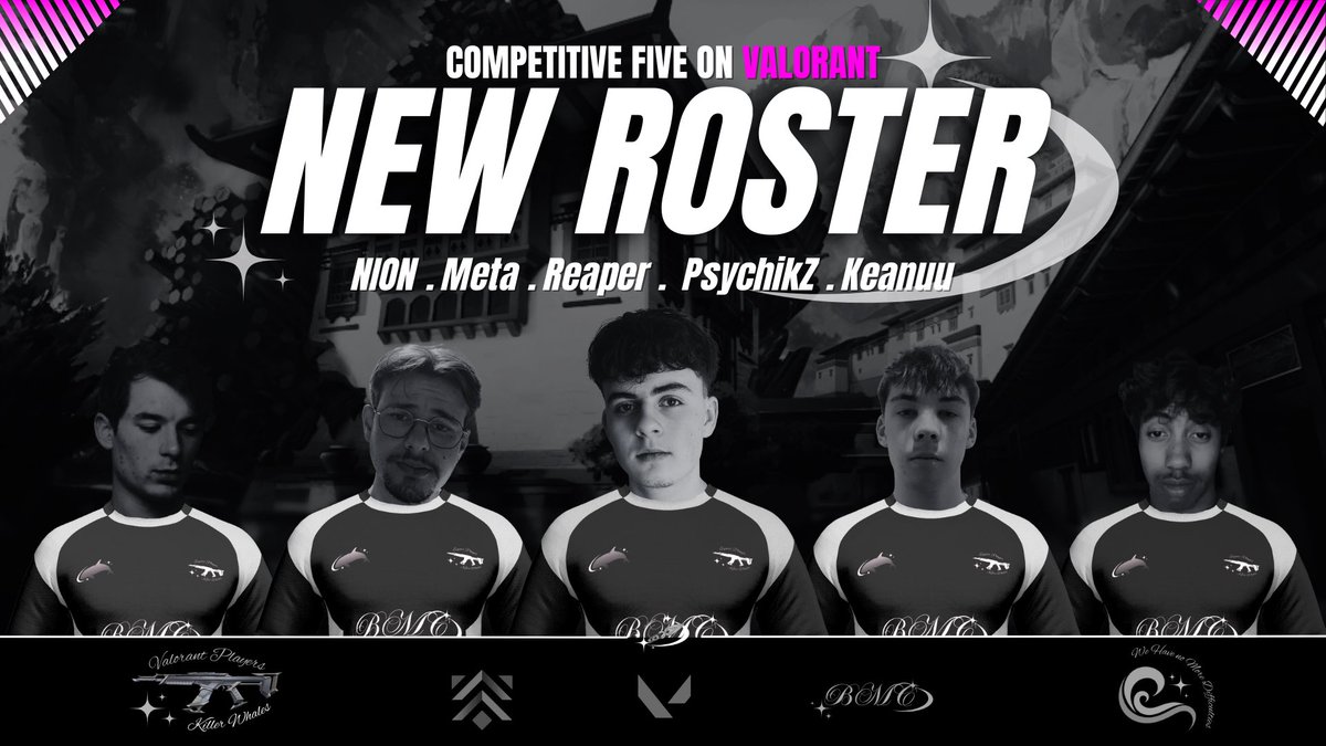 Vous l’attendiez, ils sont là  !! Voici le nouveau Roster Valorant !

Veuillez accueillir nos 5 pépites, prêtes à tout pour décrocher la victoire avec une soif digne des plus grands.

RDV ce soir 19h sur Twitch pour le premier match de cette magnifique équipe !