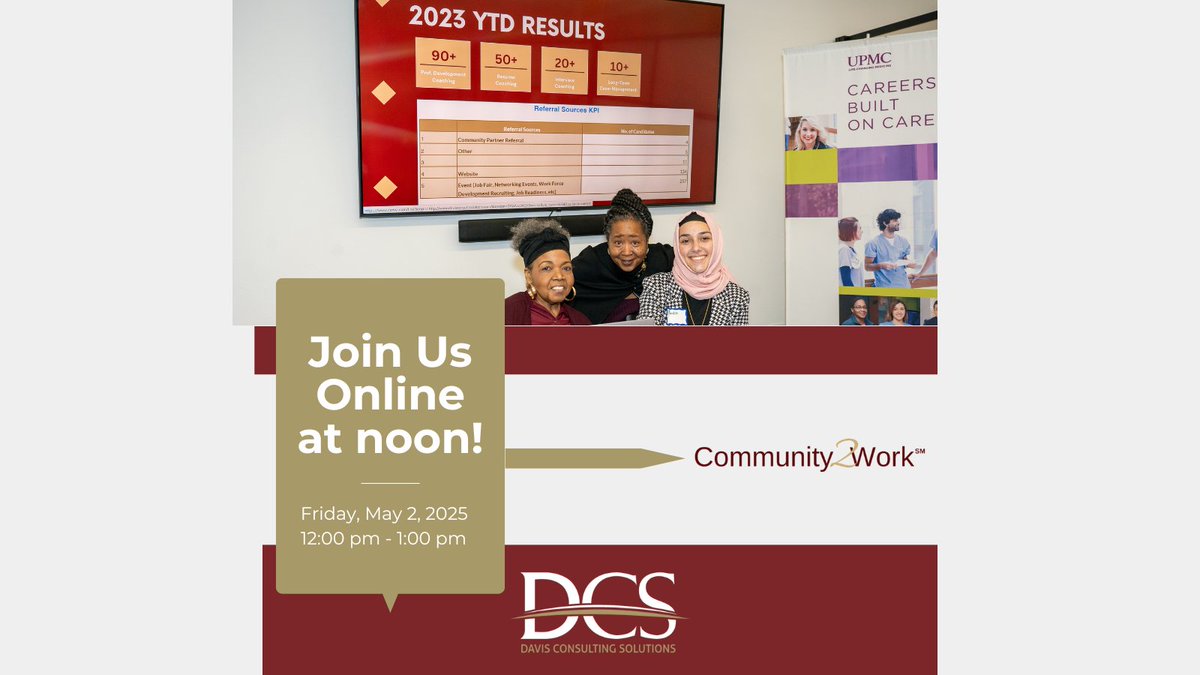 davisconsulting's tweet image. ⏰ Reminder: Our FREE virtual Community2Work® Welcome Session starts at 12 PM, today.

Get expert tips, network &amp;amp; kick‑start your job search—all on your lunch break.

Save your seat → bit.ly/3EKufIC

#Community2Work #CareerSupport #DCSEvents @msdavisofpgh