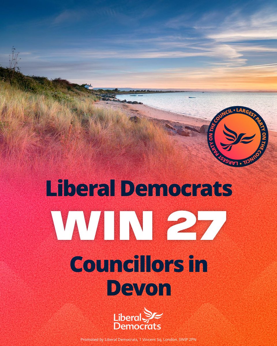 Liberal Democrats make 18 GAINS to become the largest party on Devon Council.

We've knocked the Conservatives out of control of the council.