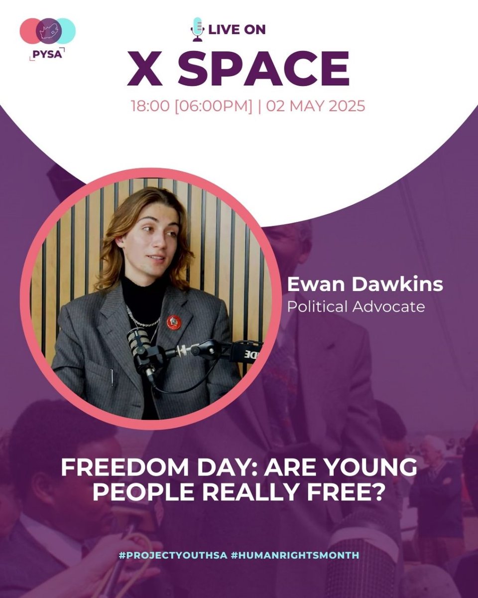 mchopie's tweet photo. #Let'sTalk #YouthVoices #Freedom
Join in on the discussion as we explore the meaning of freedom today through the lens of youth rights, economic justice, and civic power. Be part of the  conversation on X space  with our guests @IsmailJoosub1 and Ewan Dawkins on @ProjectYouthSA https://t.co/sVfo3CmuXO
