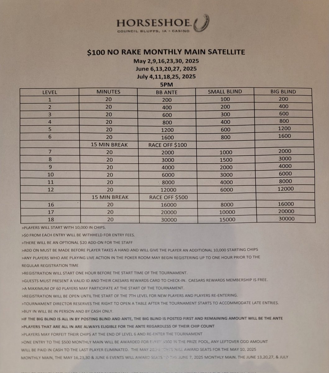 Friday No Rake satellites has moved to 5 pm, and it is every Friday for the next 3 months. This is a satellite into the Horseshoe $500 Saturday tournament 1 in 5 get a seat. #bestdealintown #important #timechange <a href="/PokerNews/">PokerNews</a> <a href="/HorseshoeIowa/">Horseshoe Casino</a>
