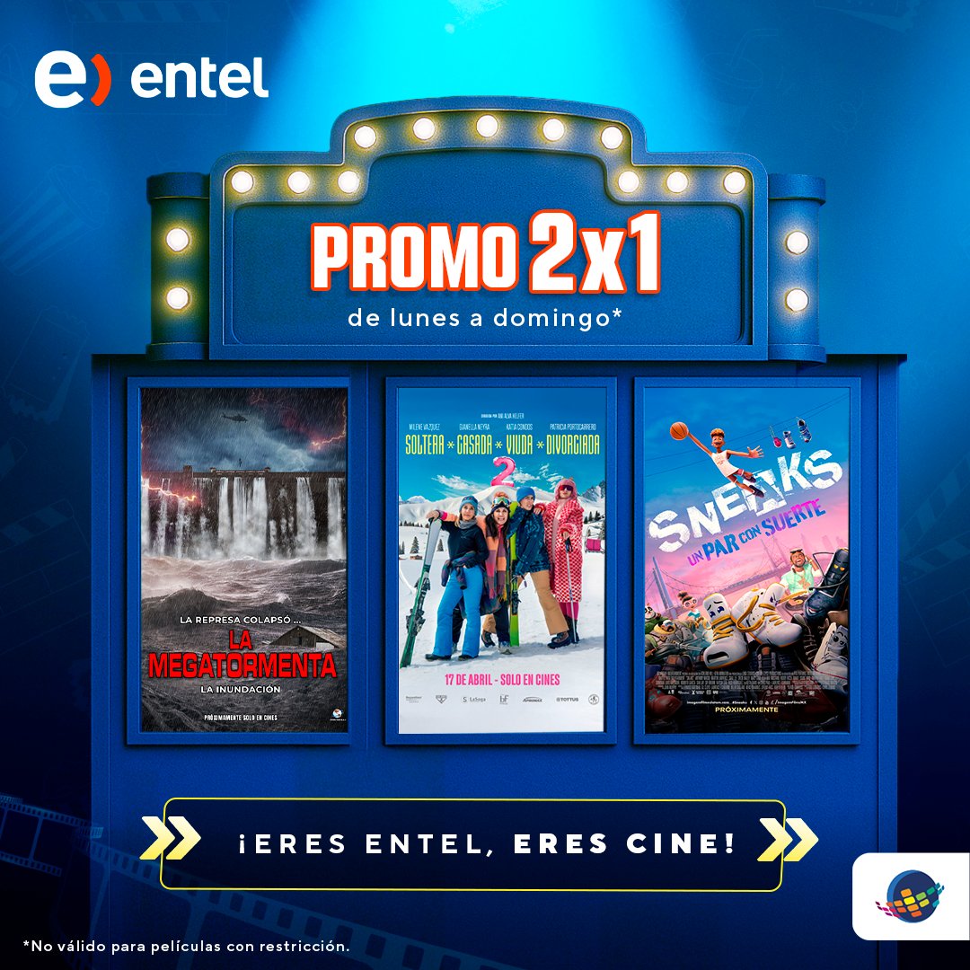 cineplanet's tweet photo. Hey, Planet! 👀 ¿Eres #Entel? ¡Entonces 2x1 en todas estas películas! 🎉🍿
Aprovecha y arma plan con tu bestie o tu flac@. 🤩
¡Solo necesitas activar tu código y listo! Compra desde la web 🌐 https://t.co/6jlYj0eGhi o en la app 📲.
#2x1Entel #Cineplanet #Planes #Cine https://t.co/uClzsQXGTy