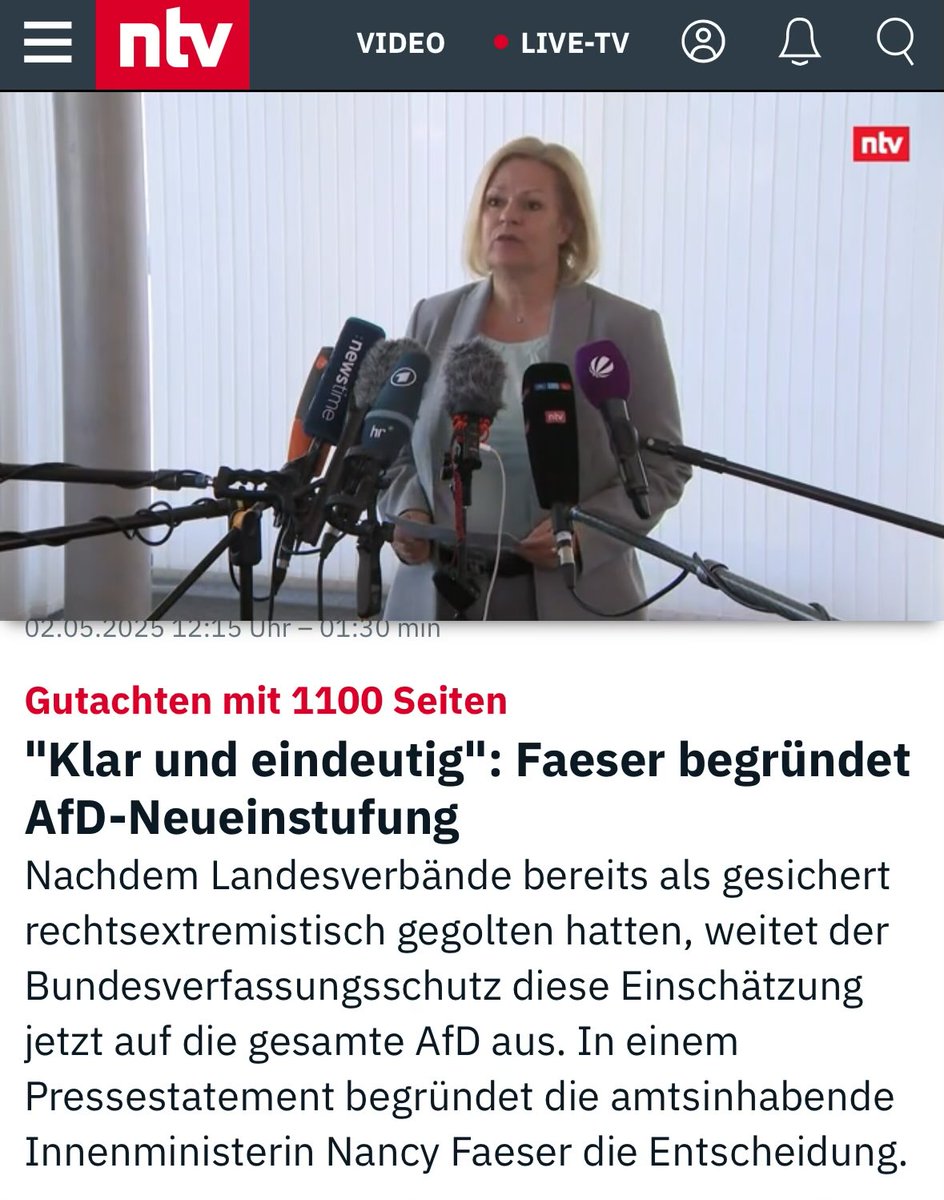 Nancy Faeser ist als Innenministerin die Chefin des Verfassungsschutz.

Die Einstufung der gesammten AfD als "gesichert rechtsextrem" ist linkspolitisch motiviert und folglich absolut nichts wert.

Faeser zeigt zum Abschied noch einmal ihre hässliche, antidemokratische Fratze.