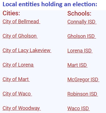 Election Day for the upcoming City/School Election is Saturday, May 3, 2025. Polls will be open from 7 AM - 7 PM. For more information about this election please visit this website: tx-mclennancounty.civicplus.com/1292/May-3-202…