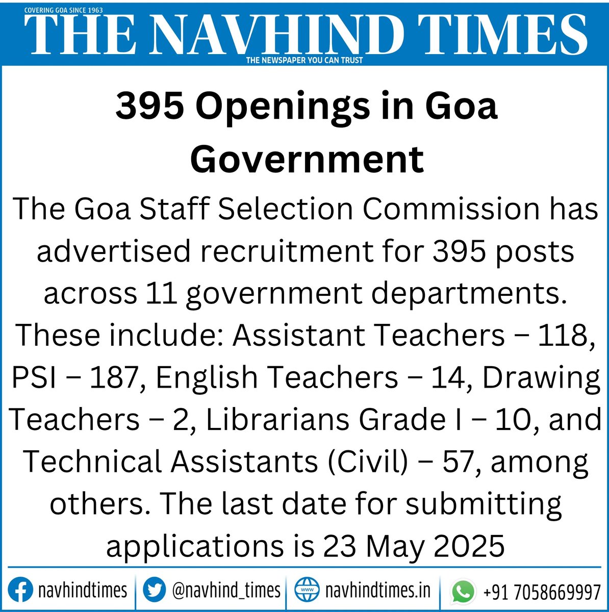 Navhind_Times's tweet image. #jobvacancies #goajobs #govermentjob #NavhindTimes