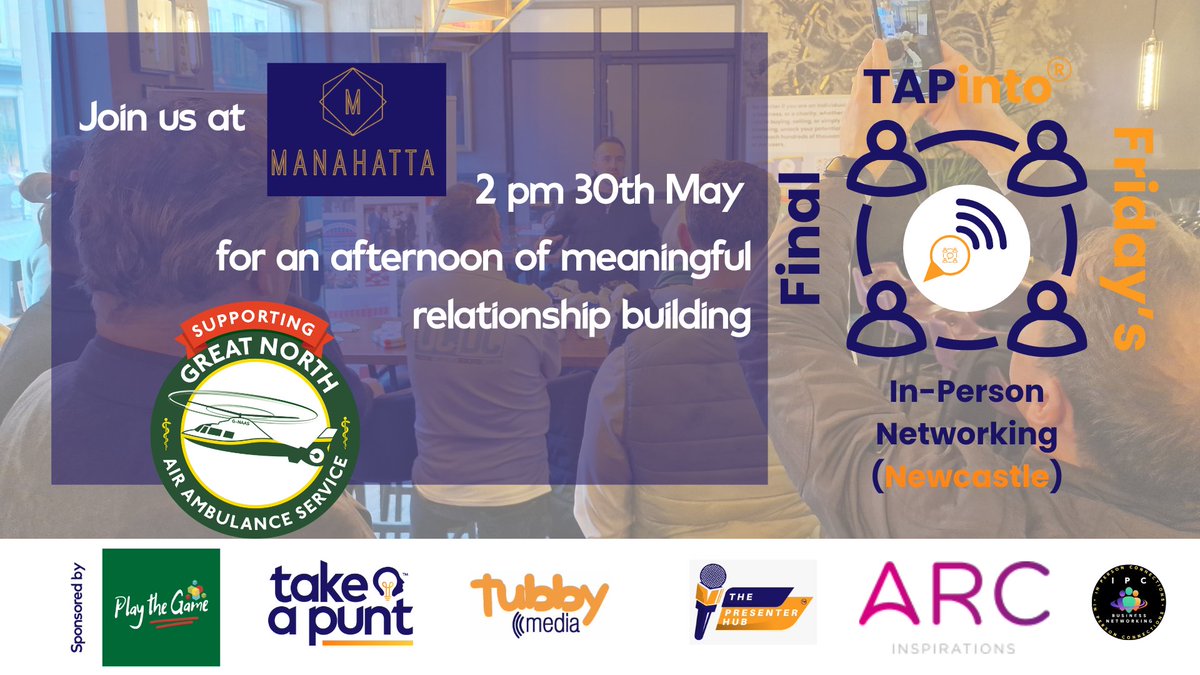 TAPinto®️: A Community of Audiences (@tapinto_me) on Twitter photo 🚀 Ready to level up your network?
Join us for #FinalFridays at Manahatta NCL!
✨ Special guest: <a href="/GNairambulance/">Great North Air Ambulance</a>
🗓️ 30 May, 2-4PM
🎯 Premium networking
🎁 Exclusive perks
Book now: tapinto.me/events/ff-may-…
#NewcastleBusiness #NorthEast <a href="/ManahattaUK/">Manahatta UK</a> 🚀 Ready to level up your network?
Join us for #FinalFridays at Manahatta NCL!
✨ Special guest: <a href="/GNairambulance/">Great North Air Ambulance</a>
🗓️ 30 May, 2-4PM
🎯 Premium networking
🎁 Exclusive perks
Book now: tapinto.me/events/ff-may-…
#NewcastleBusiness #NorthEast <a href="/ManahattaUK/">Manahatta UK</a>