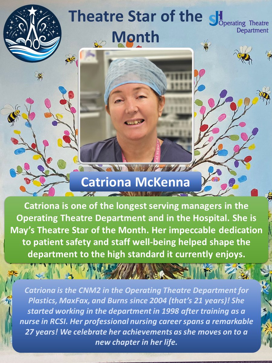 This May's Theatre Star of the Month is Catriona! We celebrate her remarkable nursing career as she moves on to a new chapter in her life. She is instrumental in raising the standards in perioperative care through her dedication to patient safety and staff well-being.