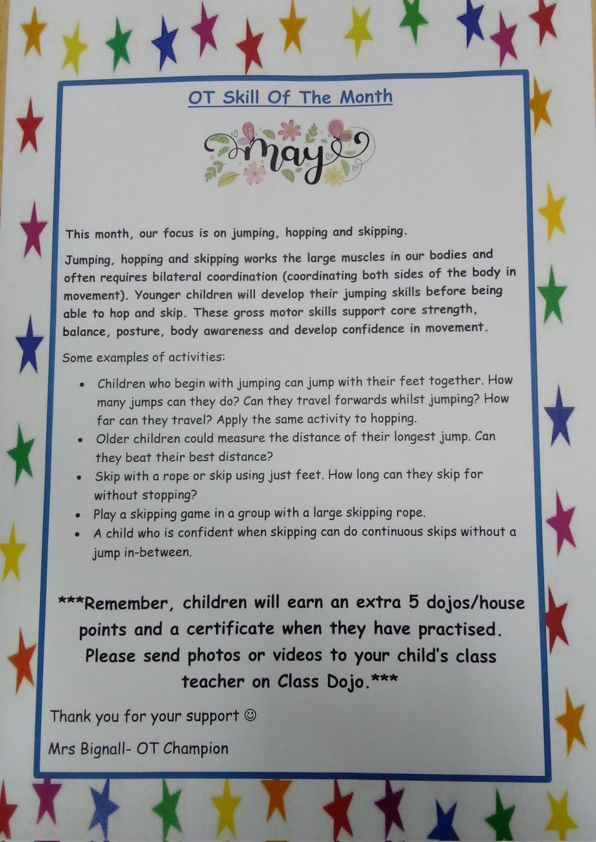 Mrs Bignall (@mrsb_otchampion) on Twitter photo The new #OT skill of the month for May is hopping, skipping and jumping. Hoping to see lots of <a href="/Topcliffeschool/">Topcliffe Primary</a> pupils getting involved this month. Please remember to share progress on class dojo to earn a certificate and extra dojos! π The new #OT skill of the month for May is hopping, skipping and jumping. Hoping to see lots of <a href="/Topcliffeschool/">Topcliffe Primary</a> pupils getting involved this month. Please remember to share progress on class dojo to earn a certificate and extra dojos! π