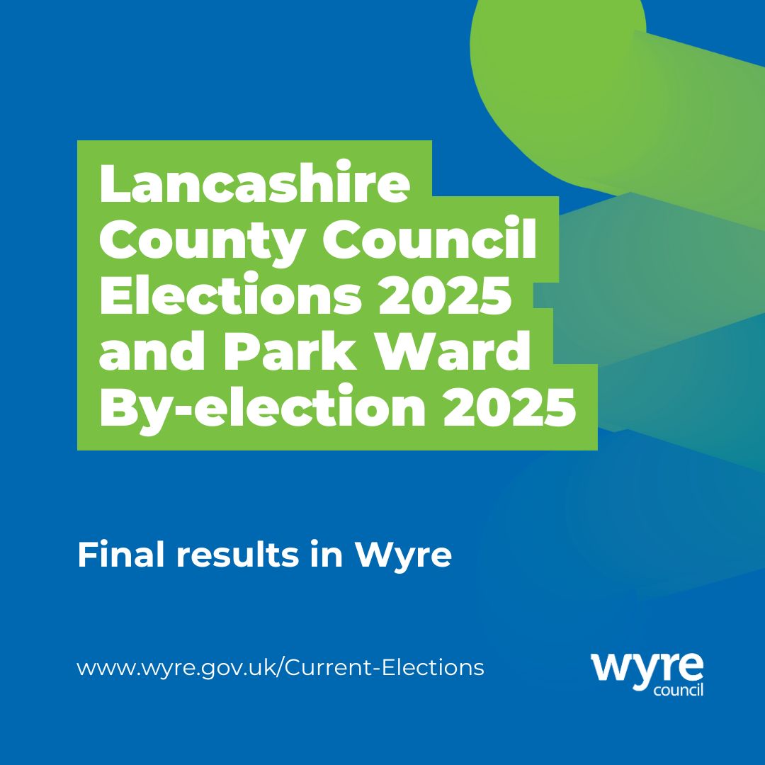 Thank you to everyone who voted in the elections.

The overall turnout in Wyre for the Lancashire County Council election was 36.1%. Full results: wyre.gov.uk/LCC-ElectionRe…

The turnout for the Park Ward by-election was 28.2%.
Full results: wyre.gov.uk/ParkWard-Resul…