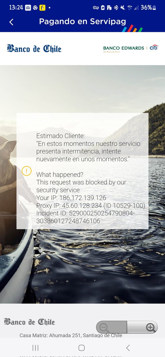 Womanlove74's tweet photo. @bancodechile llevo 3 días tratando de pagar x Unired y Servipag mis cuentas de servicio y al tratar de finalizar el pago me sale el siguiente error. Favor revisar página web. https://t.co/R5xvUC7hIK