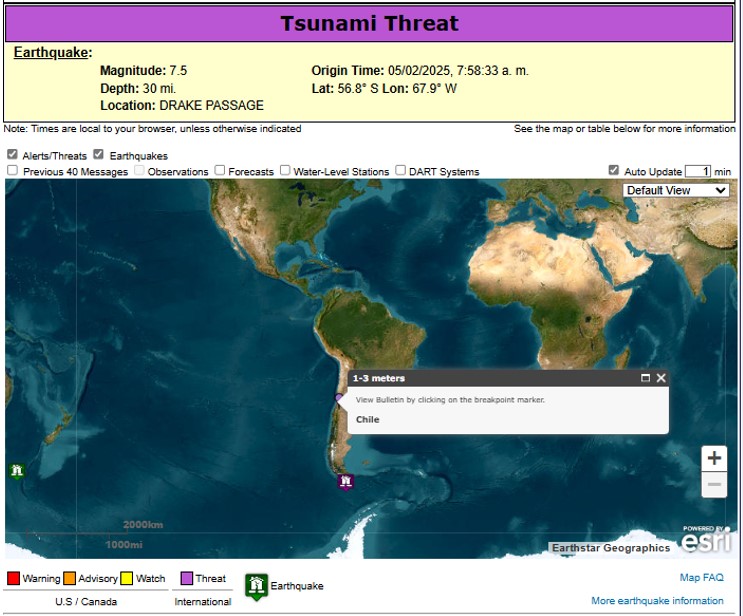 Derivado de Sismo 7.5 de Chile de hoy 02MAY2025 y con Info del Pacific Tsunami Warning Center MSJ-2: Olas de Tsunami de 1 a 3 metros son posibles en las costas de Chile y de 0.3 a 1 metro para la Antártica.

No hay Alertas de Tsunami activas al momento para Panamá ni la región.