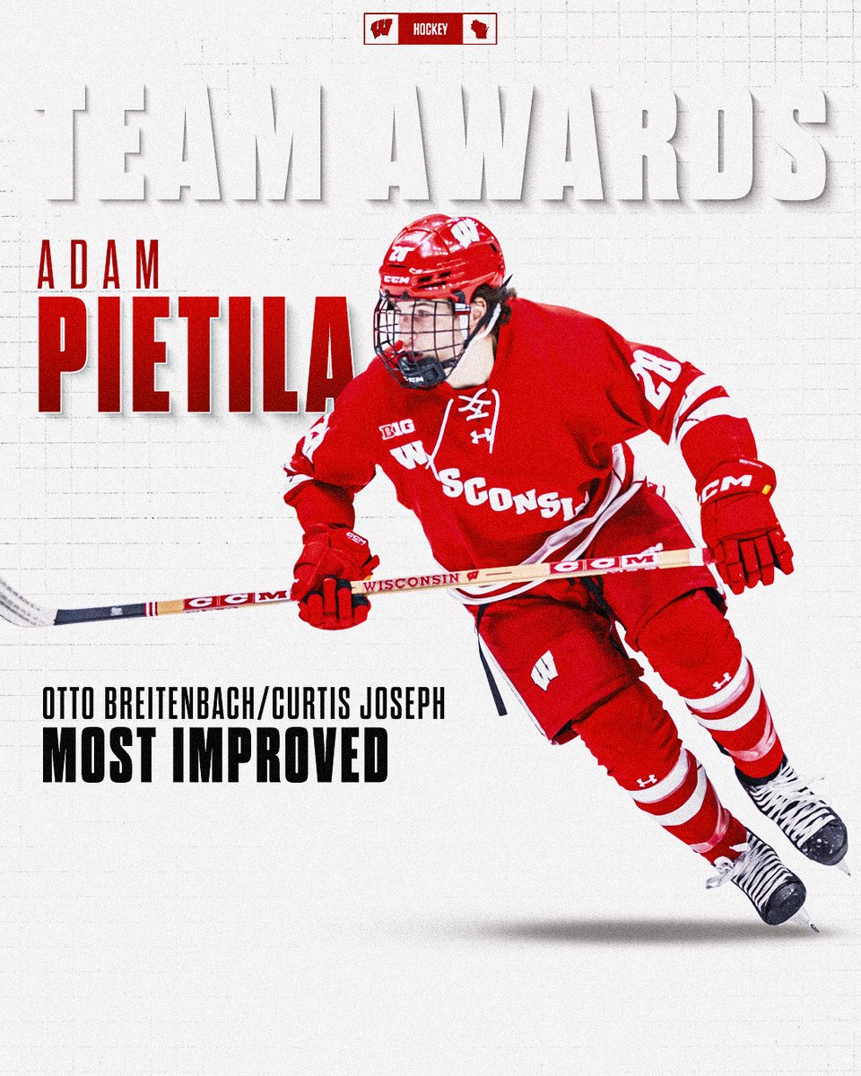 Wisconsin Hockey (@badgermhockey) on Twitter photo Freshman <a href="/adampietila/">adam pietila</a> voted the Otto Breitenbach/Curtis Joseph Most Improved by his teammates.
Had two of his three points and his first career goal in the last five games of the season.
#Badgers || #25TeamAwards Freshman <a href="/adampietila/">adam pietila</a> voted the Otto Breitenbach/Curtis Joseph Most Improved by his teammates.
Had two of his three points and his first career goal in the last five games of the season.
#Badgers || #25TeamAwards