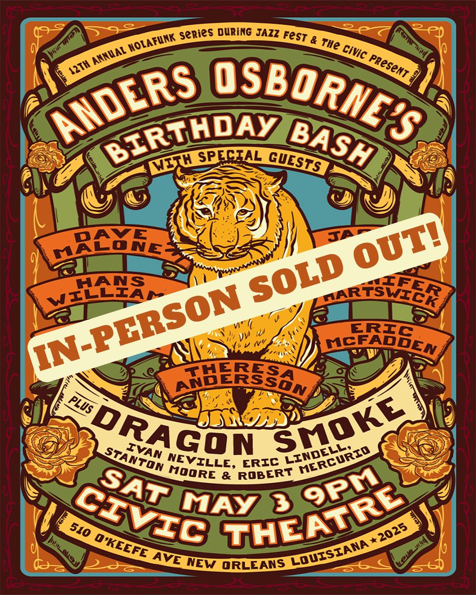 Anders Osborne (@anders_osborne) on Twitter photo My annual birthday bash at <a href="/CivicNola/">Civic Theatre</a> tomorrow night is officially sold out!! You can still livestream the show on Volume.com at the link below. Can’t wait 🎸🤘🏽
volume.com/t/4DInc7/ My annual birthday bash at <a href="/CivicNola/">Civic Theatre</a> tomorrow night is officially sold out!! You can still livestream the show on Volume.com at the link below. Can’t wait 🎸🤘🏽
volume.com/t/4DInc7/
