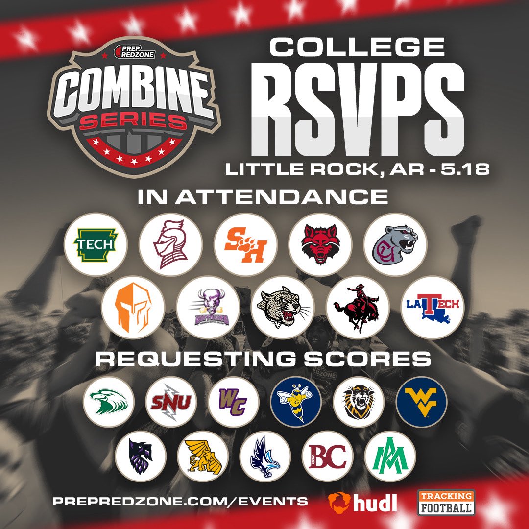 New RSVP list! PRZ-AR Combine🚨

NEW ADDITIONS:

West Virginia (D1-FBS)
Fort Hays State (D2)
Arkansas-Monticello (D2)
Agnes (NAIA)

📍Little Rock Mills High School
📅 May 18, 2025 
⏰ 11am Check In
🔥 College coaches/media present   

Register Here: events.prepredzone.com/e/1490/registe…