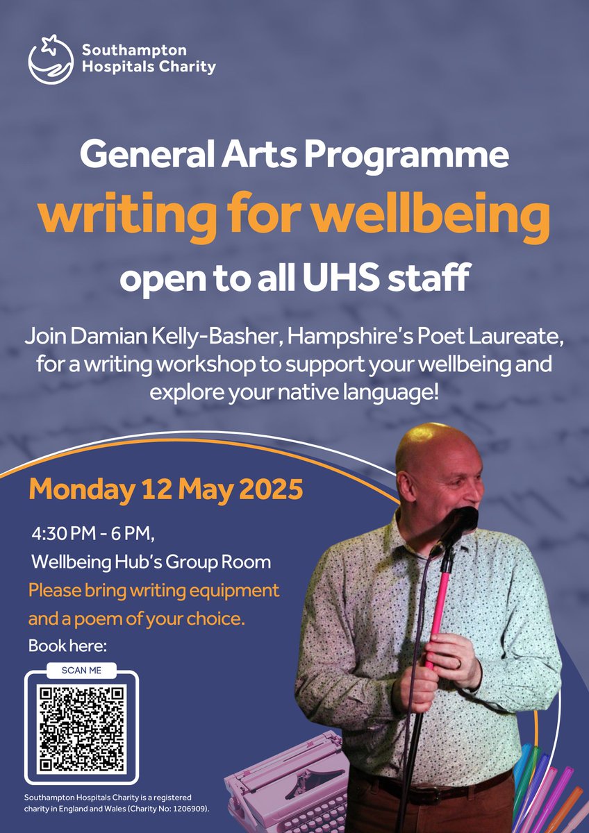 Winchester Poetry (@winpoetryfest) on Twitter photo THIS TIME NEXT WEEK!
A writing for wellbeing session from #HampshirePoet Damian Kelly-Basher
Open to all <a href="/UHSFT/">University Hospital Southampton 💙</a> <a href="/WecareUHSFT/">Experience of Care at UHSFT</a> <a href="/UHSFTresearch/">Health Research | Southampton</a> staff THIS TIME NEXT WEEK!
A writing for wellbeing session from #HampshirePoet Damian Kelly-Basher
Open to all <a href="/UHSFT/">University Hospital Southampton 💙</a> <a href="/WecareUHSFT/">Experience of Care at UHSFT</a> <a href="/UHSFTresearch/">Health Research | Southampton</a> staff