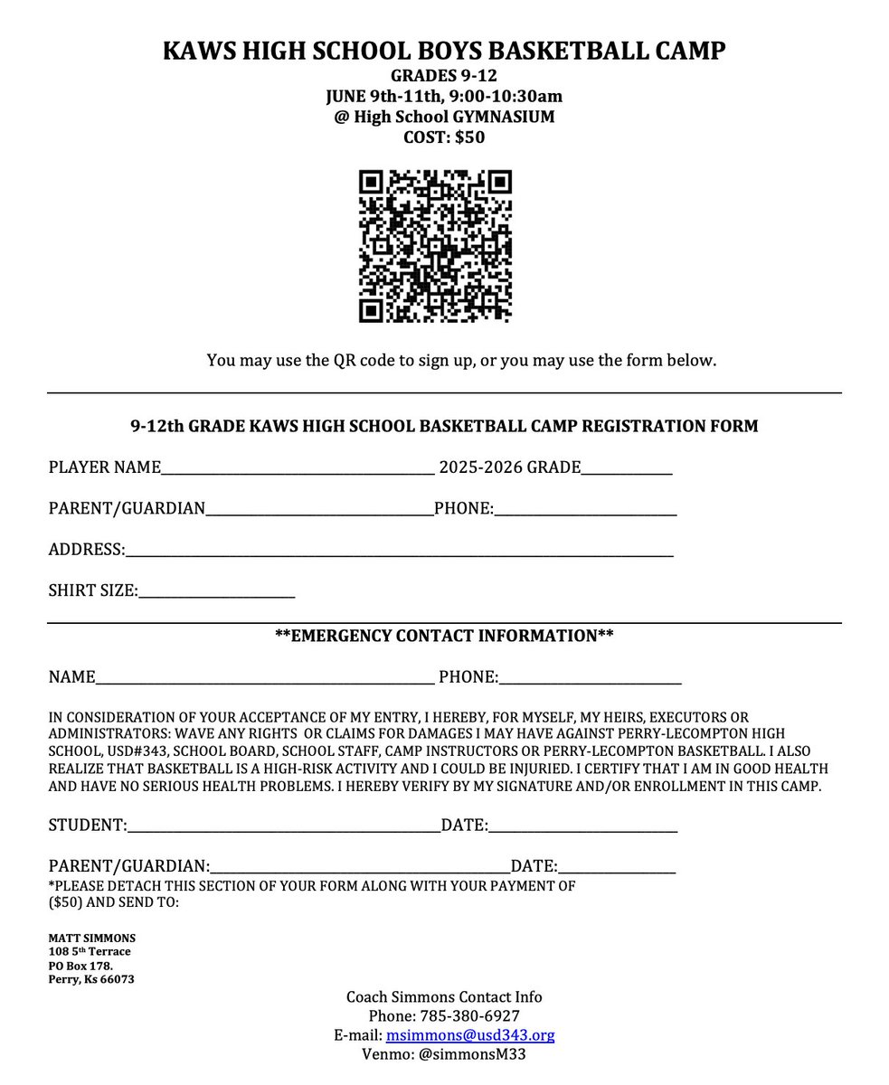 Signups are open for middle school and high school boys basketball camp! You can use the links below to sign up your student or return the attached form to Mr. Simmons via mail.

HS
docs.google.com/forms/d/e/1FAI…

MS
docs.google.com/forms/d/e/1FAI…