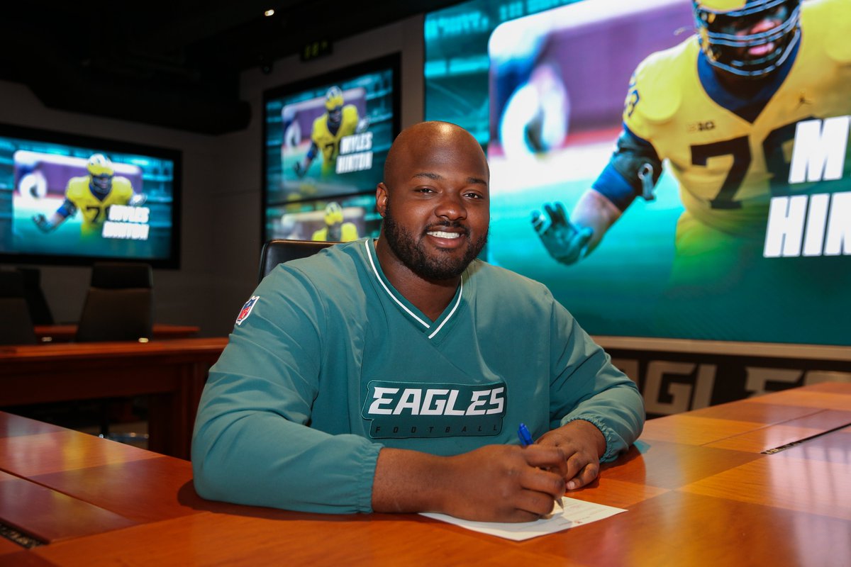 Eagles's tweet photo. We've signed the following 2025 draft picks: LB Smael Mondon, QB Kyle McCord, OT Myles Hinton, and OLB Antwuan Powell-Ryland. https://t.co/SvUCFSFJzF