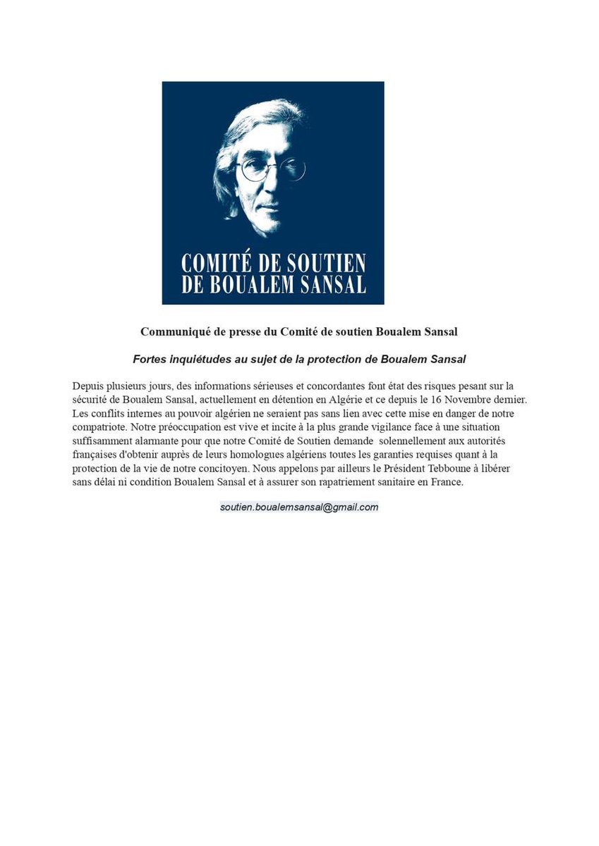 Comité de soutien international à Boualem Sansal (@csoutienbs) on Twitter photo 🚨 Boualem Sansal est en danger.
Retrouvez ci-joint le communiqué de presse du <a href="/CSoutienBS/">Comité de soutien international à Boualem Sansal</a> qui rappelle que l’écrivain est injustement emprisonné depuis 167 jours et dont la protection fait l'objet des plus vives inquiétudes.
<a href="/Benedetti65/">Benedetti arnaud</a> <a href="/noellelenoir/">noelle lenoir</a> <a href="/RevuePol/">Revue Politique</a> 🚨 Boualem Sansal est en danger.
Retrouvez ci-joint le communiqué de presse du <a href="/CSoutienBS/">Comité de soutien international à Boualem Sansal</a> qui rappelle que l’écrivain est injustement emprisonné depuis 167 jours et dont la protection fait l'objet des plus vives inquiétudes.
<a href="/Benedetti65/">Benedetti arnaud</a> <a href="/noellelenoir/">noelle lenoir</a> <a href="/RevuePol/">Revue Politique</a>