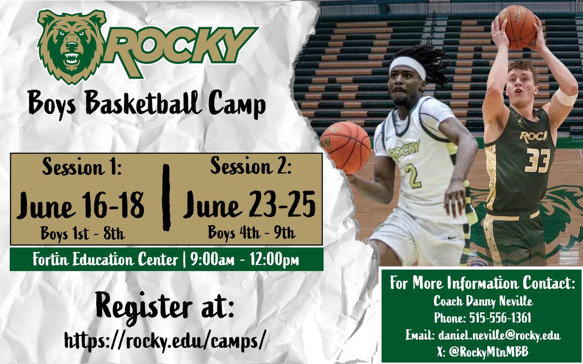 🚨 SUMMER CAMP 🚨

Be a part of the first on-court action in the new chapter of Rocky Mountain College basketball! Camp will consist of skill development with an emphasis on fundamentals and applying concepts of the game into action. 

Link to register: rmc.events.signedupsports.com