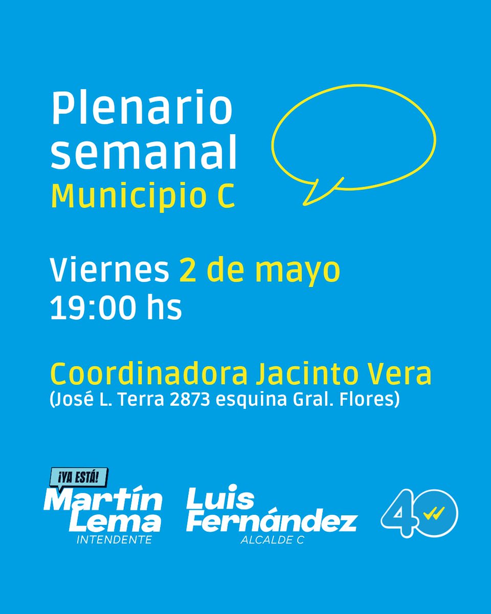 ¡Estamos en la recta final! 🔥

Te esperamos esta tarde para un nuevo plenario en la coordinadora de Jacinto Vera.

📌 José L. Terra 2873 (esquina Gral. Flores)
🕖 19:00 hs

#LuisFernándezAlcaldeC #YaEstá