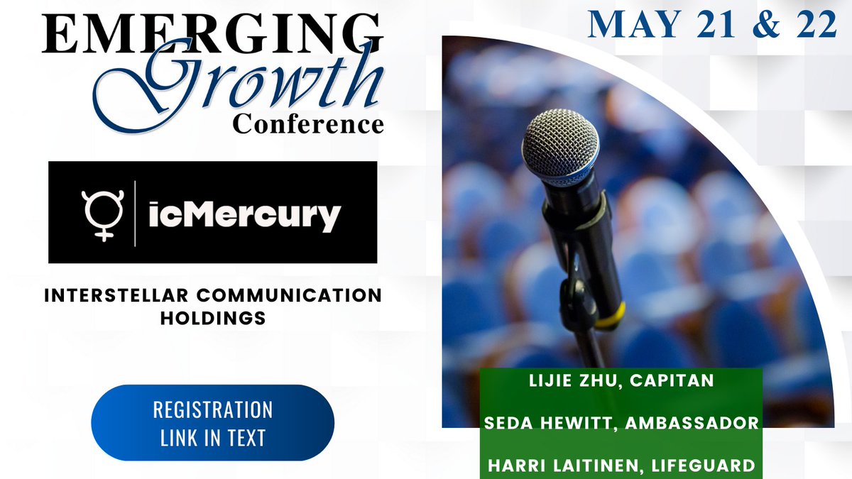Emerging Growth Conference (@emerginggrowthc) on Twitter photo IC Mercury Live Emerging Growth Conference 82 - May 21 & 22
<a href="/ic_mercury/">icMercury</a>
Register:
goto.webcasts.com/starthere.jsp?…
Questions for the Company? Questions@EmergingGrowth.com
To Present:
305-330-1985
Conference@EmergingGrowth.com IC Mercury Live Emerging Growth Conference 82 - May 21 & 22
<a href="/ic_mercury/">icMercury</a>
Register:
goto.webcasts.com/starthere.jsp?…
Questions for the Company? Questions@EmergingGrowth.com
To Present:
305-330-1985
Conference@EmergingGrowth.com