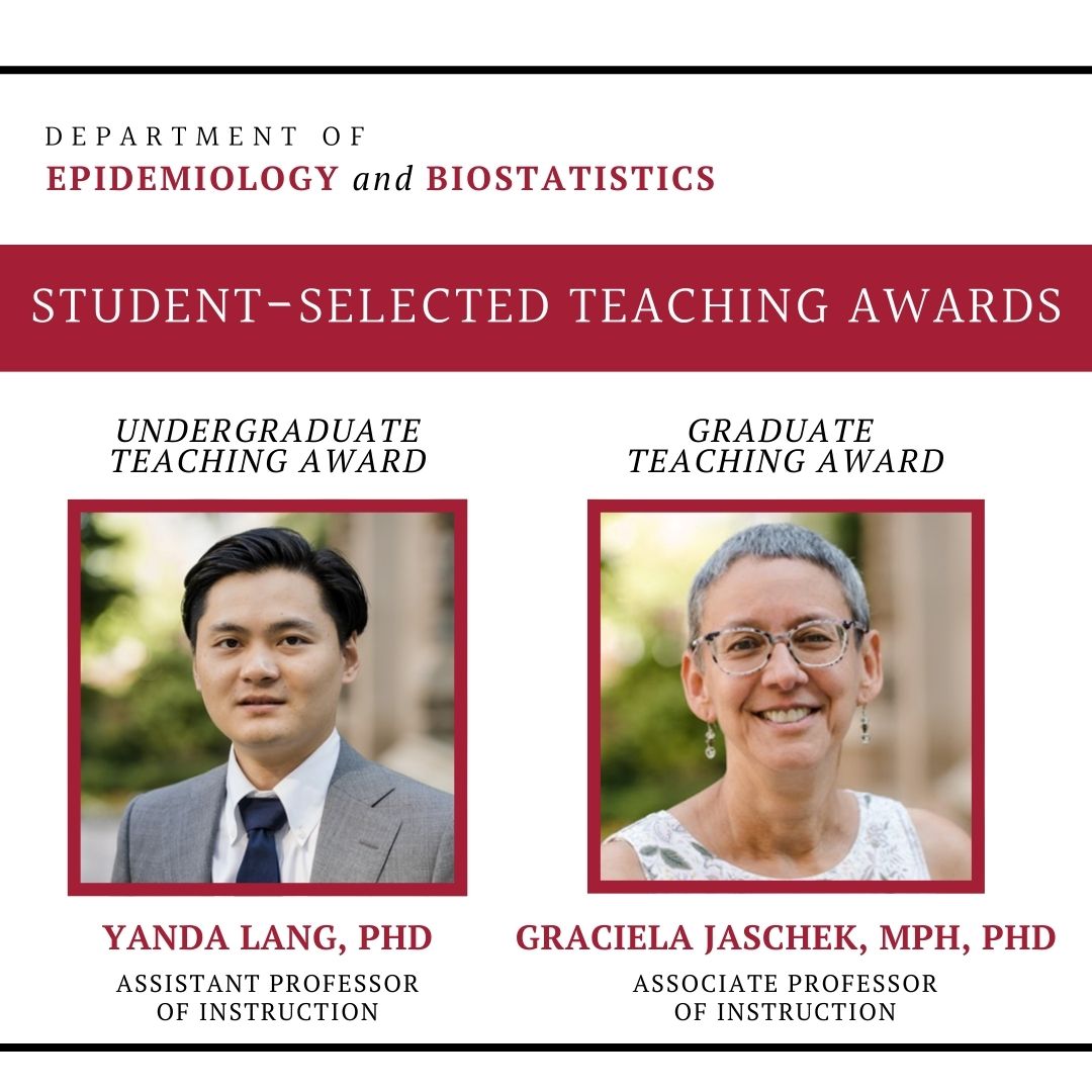 Congrats to Dr. Yanda Lang and Dr. Graciela Jaschek — recipients of this year’s Dept. of Epidemiology and Biostatistics Student-Selected Teaching Awards!
Both Drs. Lang &amp; Jaschek were nominated by students who were positively impacted, inspired, &amp; encouraged by their teaching.