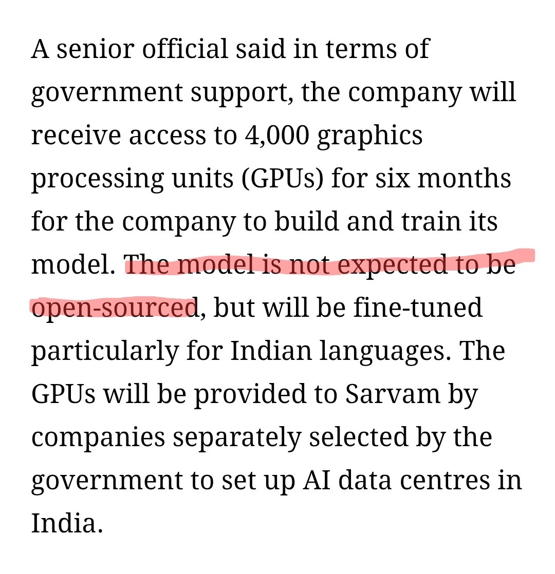 gitlostmurali's tweet image. Indian govt partnering with @SarvamAI is a commendable step. But if public funds are involved, the resulting models should be *open source*. Using taxpayer money to grow a private company&apos;s closed IP portfolio is deeply problematic and unfair.