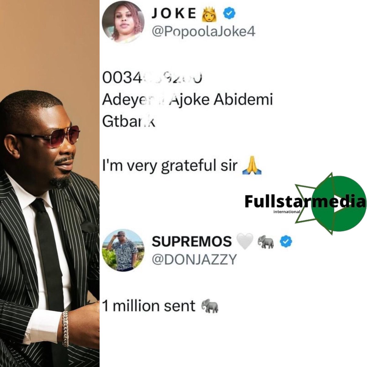 fullstarmedia's tweet photo. Massive respect to the legendary @DONJAZZY 🙏 He showed incredible generosity by gifting a fan ₦6 million after she tagged him in a fun post asking celebrities for money. This is the kind of heartwarming news we love to see! ❤️ #Kindness #Fullstarmedia #DonBaba https://t.co/YoC1SbxIfu