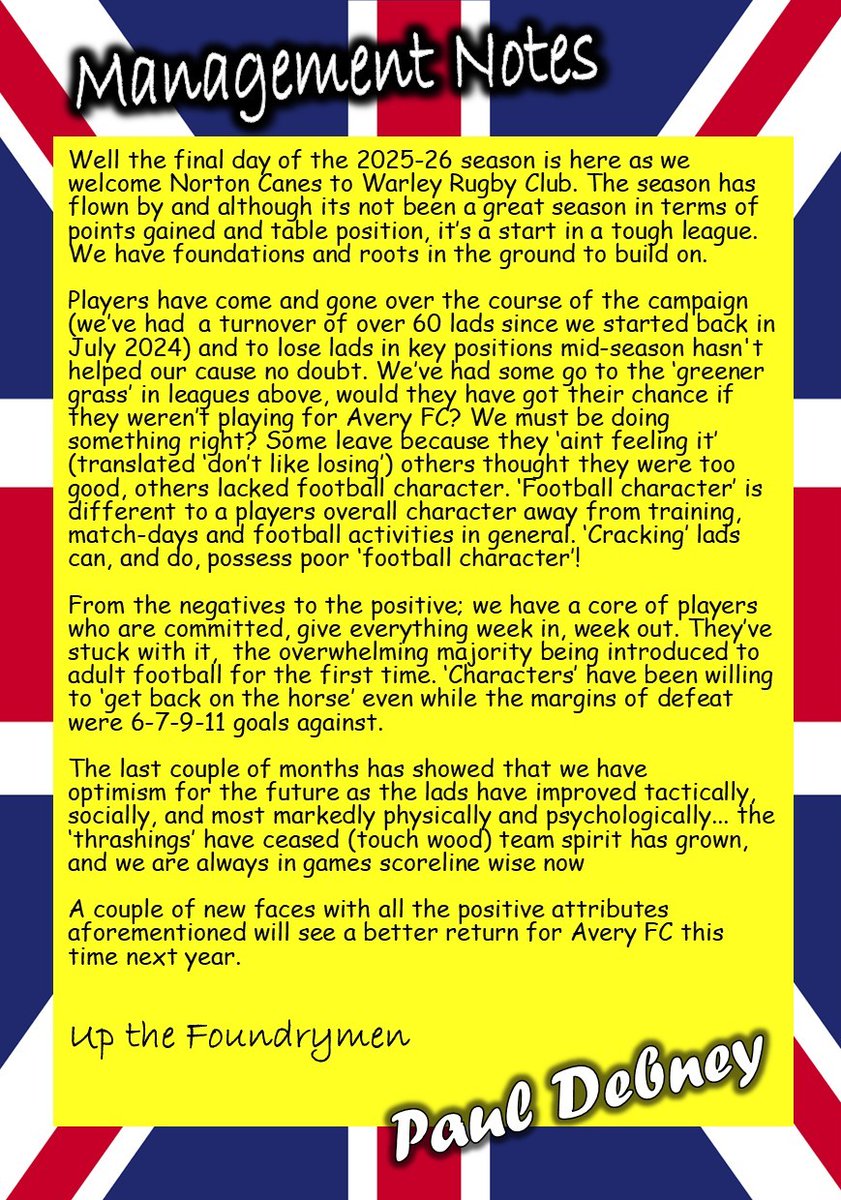 Avery FC - First Team (@avery202425) on Twitter photo Manager's thoughts as the #WMRL season wraps up for the #foundrymen tomorrow as we welcome <a href="/NortonCanesFC/">Norton Canes FC</a> to Tat Bank Road Manager's thoughts as the #WMRL season wraps up for the #foundrymen tomorrow as we welcome <a href="/NortonCanesFC/">Norton Canes FC</a> to Tat Bank Road