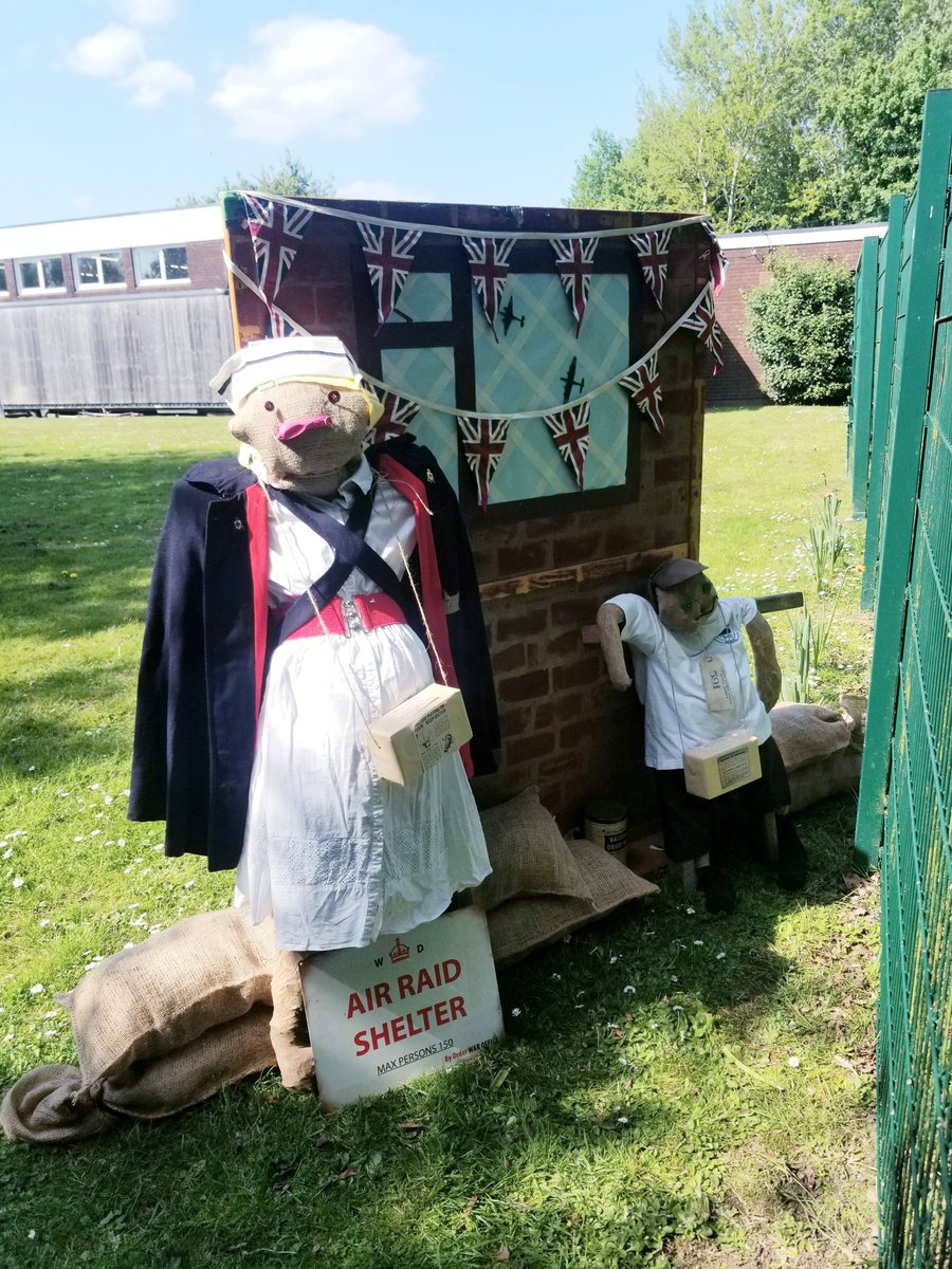 fiskertonschool's tweet photo. Our Scarecrow scene for our village VE DAY celebration kindly made by our Rabbits class. It can be seen via The Crescent entrance. https://t.co/KssfVzgtsH